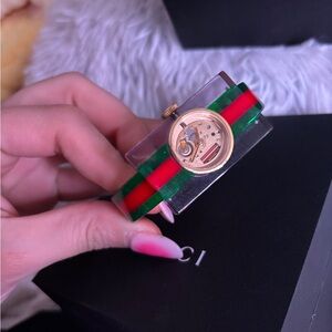 Gucci Gold Watch with Green and Red Strap